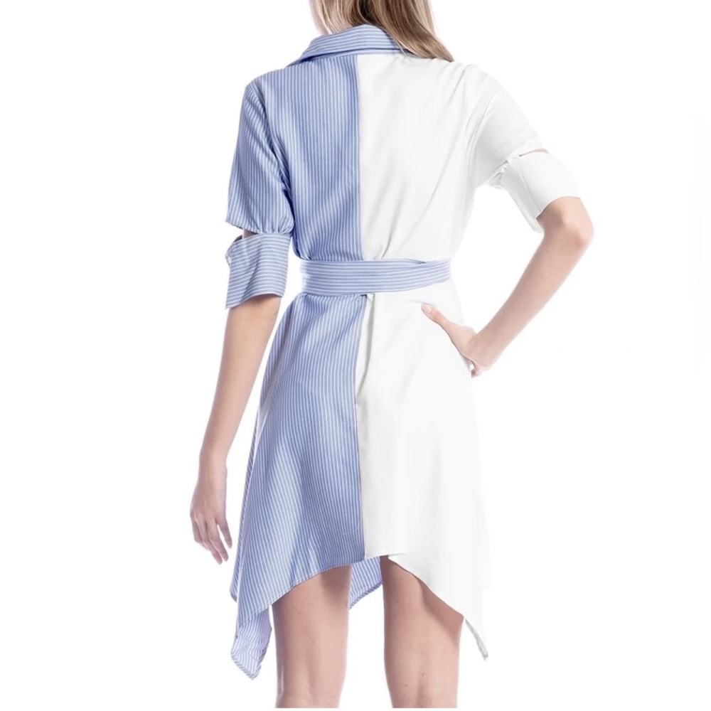 I:NA blue & white colorblock striped asymmetrical hem tie waist shirt dress NWT - Picture 5 of 16